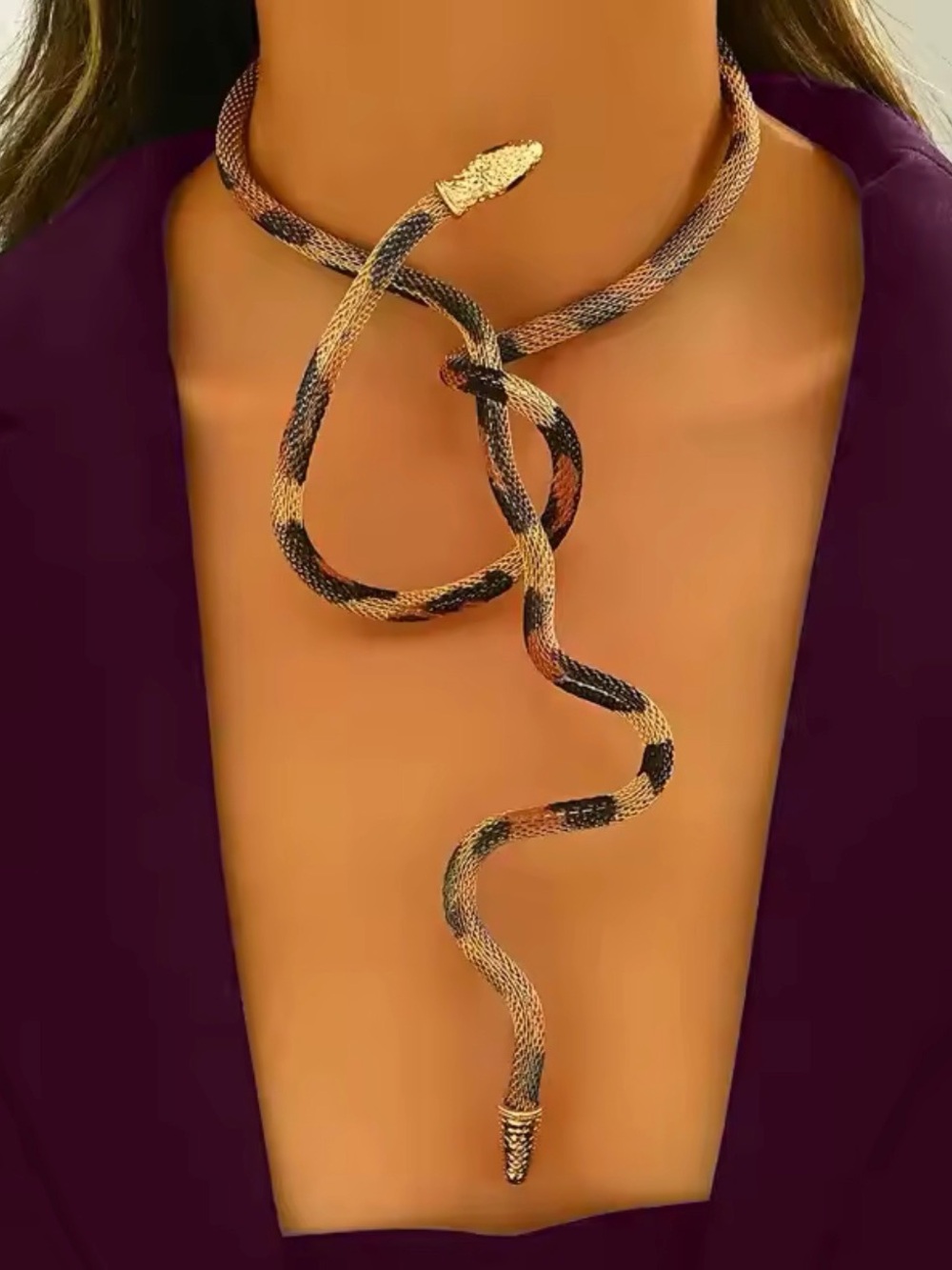 Gold-Tone Snake Wrap Choker Necklace with Black and Brown Accents
